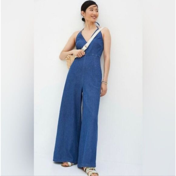 Mare Mare X Anthropologie Halter Top Wide Leg Denim Jean Jumpsuit Blue Size 2X - Picture 1 of 10